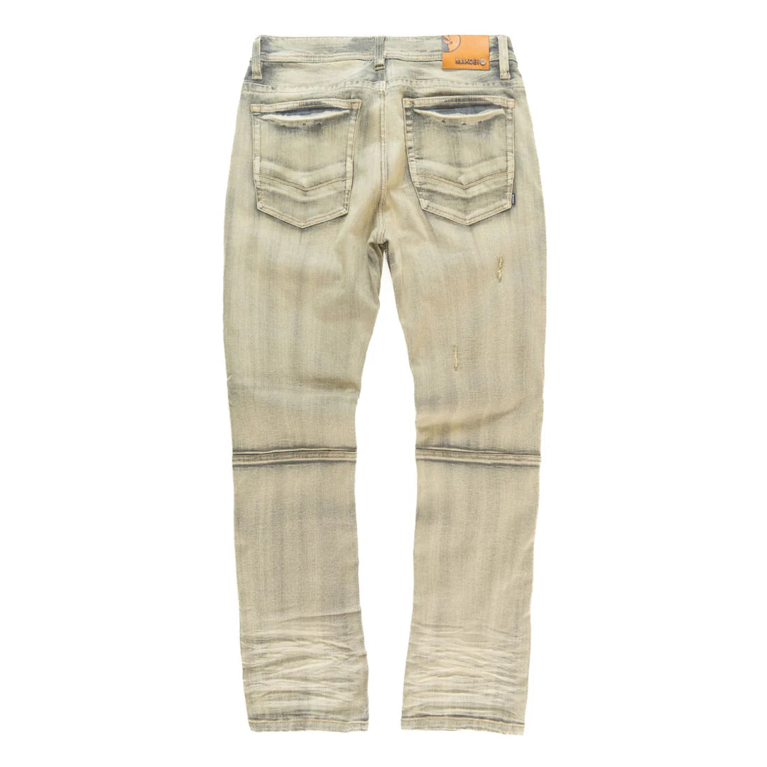 Makobi Bruno Dirt Ripped Denim Jeans displaying unique distressed patches and sturdy stitching