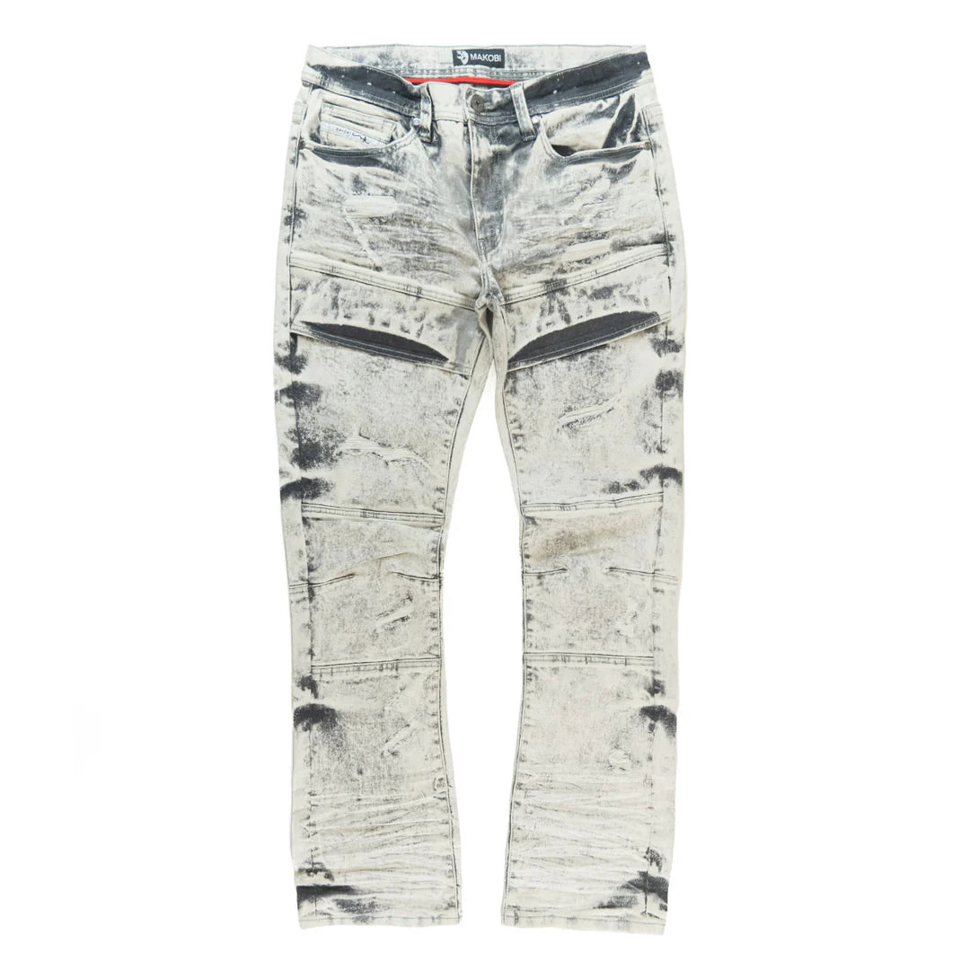 Full view of Makobi Bruno Grey Ripped Denim Jeans in a casual pose emphasizing modern style