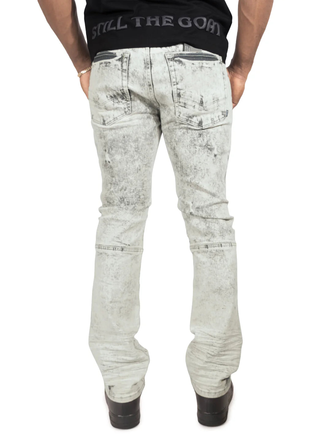 Close-up of Makobi Bruno Grey Ripped Denim Jeans highlighting ripped design and durable fabric