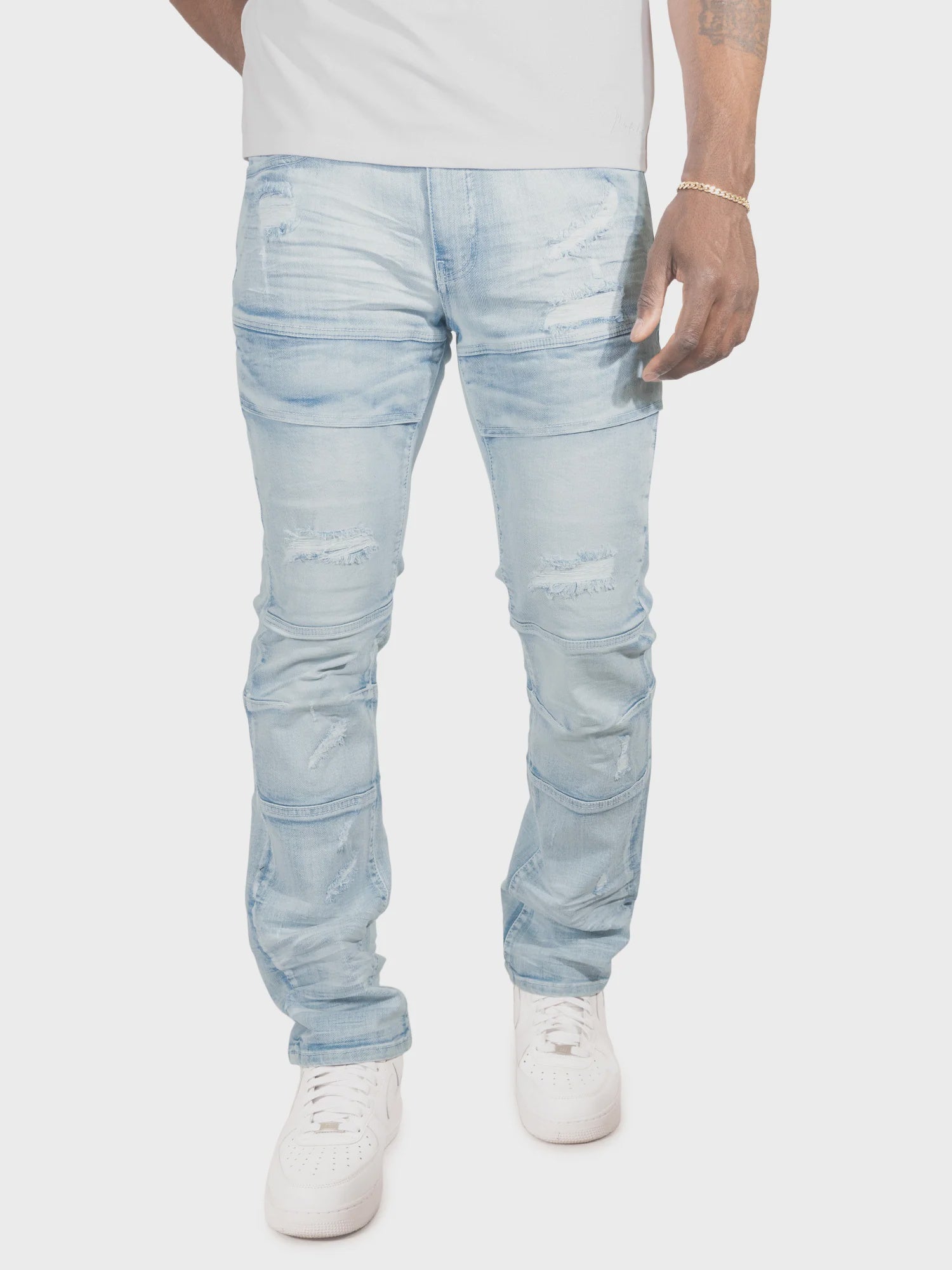 Light blue wash ripped denim jeans from Makobi Bruno, style M1965 with distressed detailing