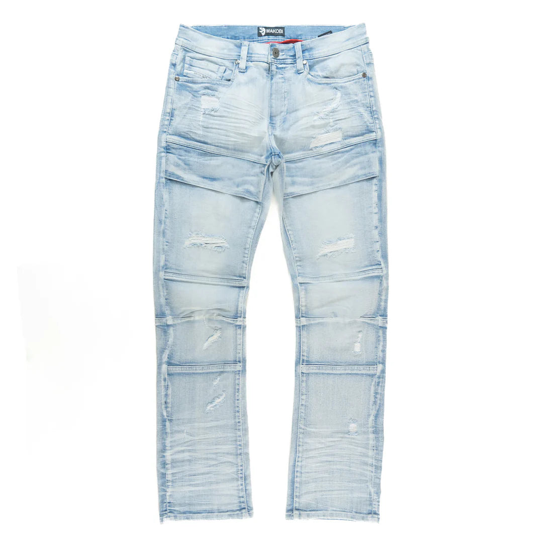Close-up of Makobi Bruno Light Blue Wash Ripped Denim Jeans highlighting the light blue wash and ripped design elements