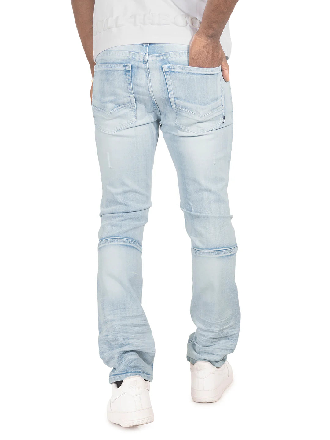 Makobi Bruno Light Blue Wash Ripped Denim Jeans displaying distressed ripped details and classic denim texture