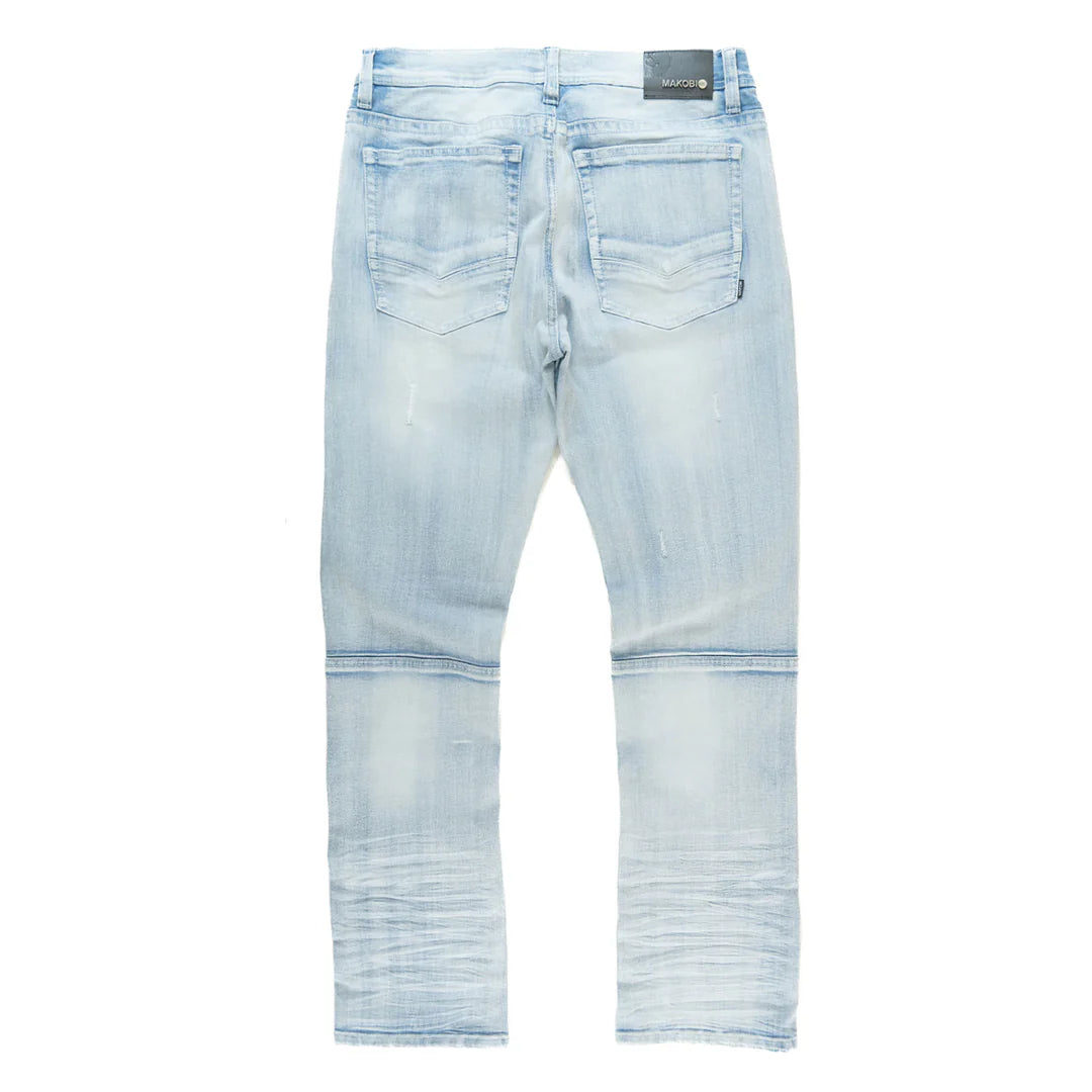 Full view of Makobi Bruno Style M1965 Light Blue Wash Ripped Denim Jeans showcasing fit and style
