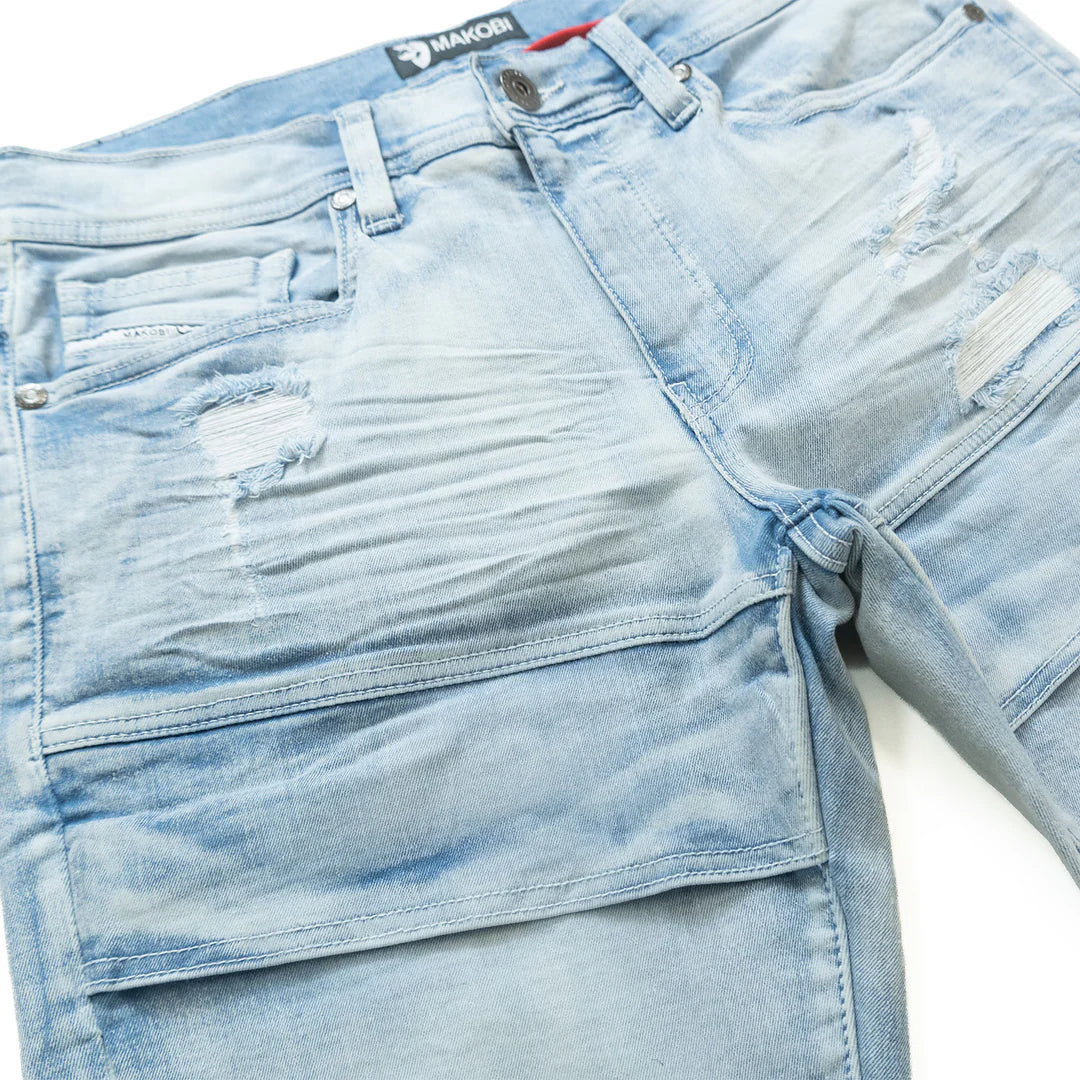 Makobi Bruno Light Blue Wash Ripped Denim Jeans with distressed features and stylish ripped accents