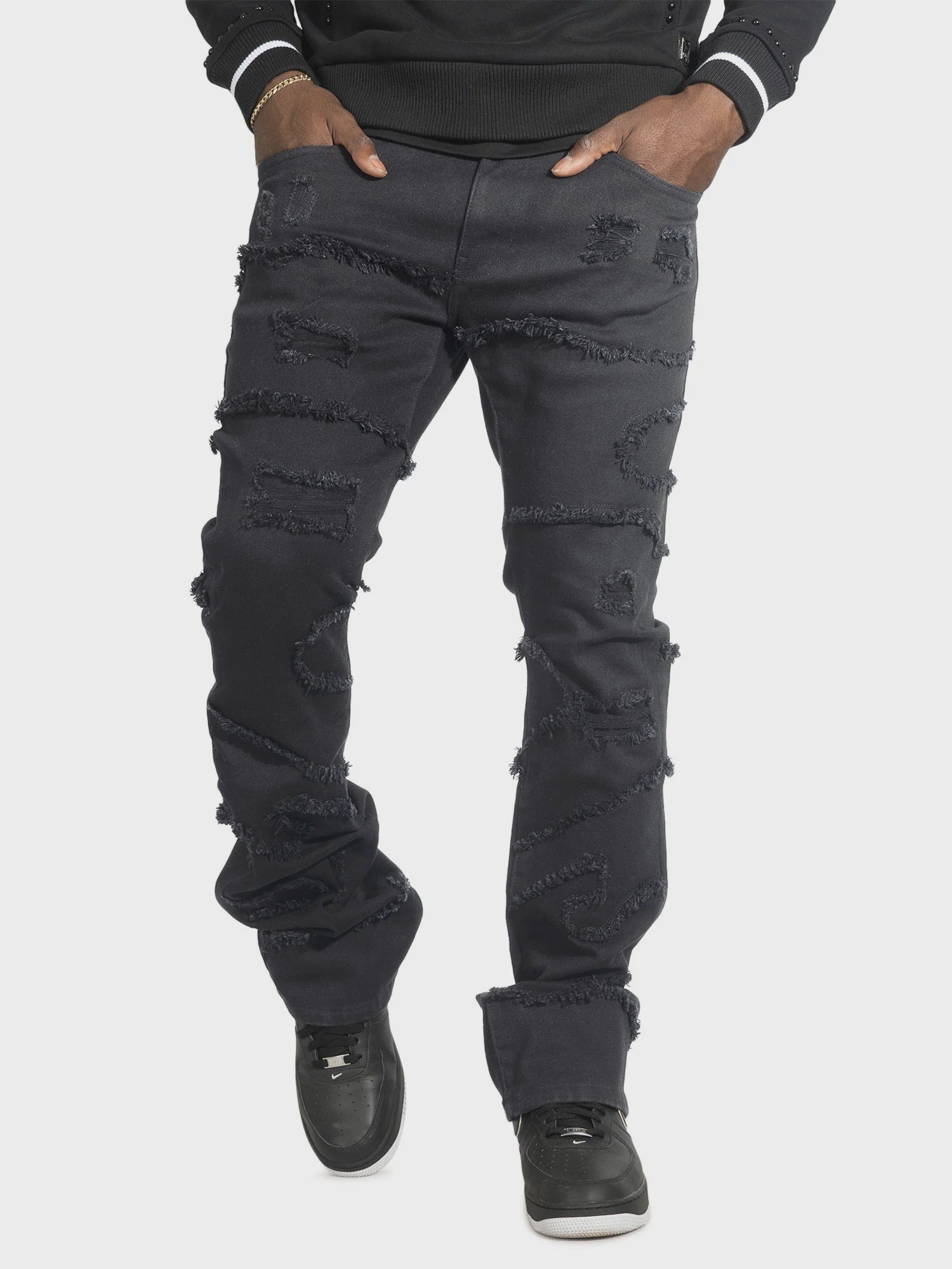 Makobi Pastoni Black/Black Ripped Stacked Flare Denim Jeans (M1984)