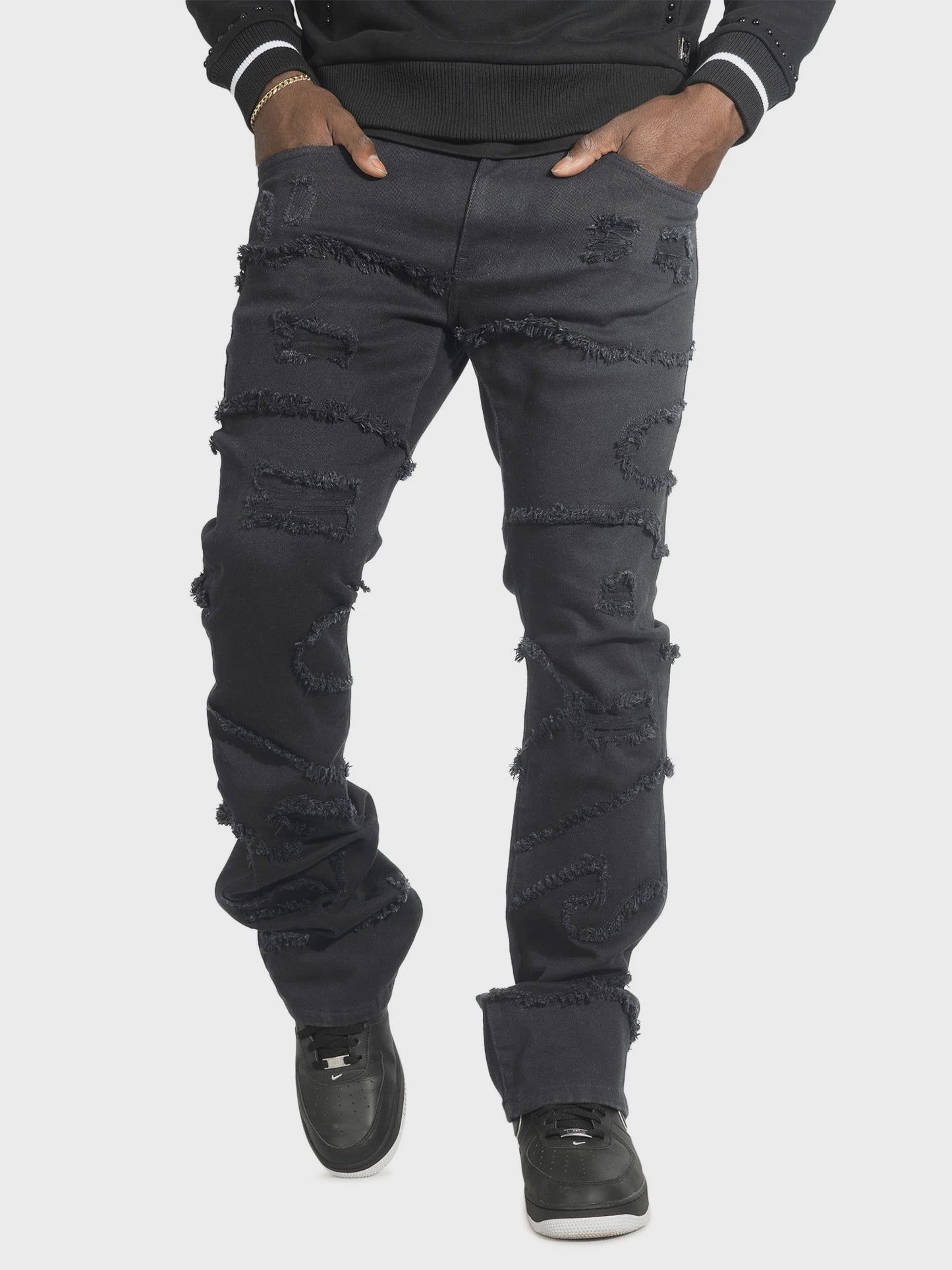 Makobi Pastoni Black/Black Ripped Stacked Flare Denim Jeans (M1984)
