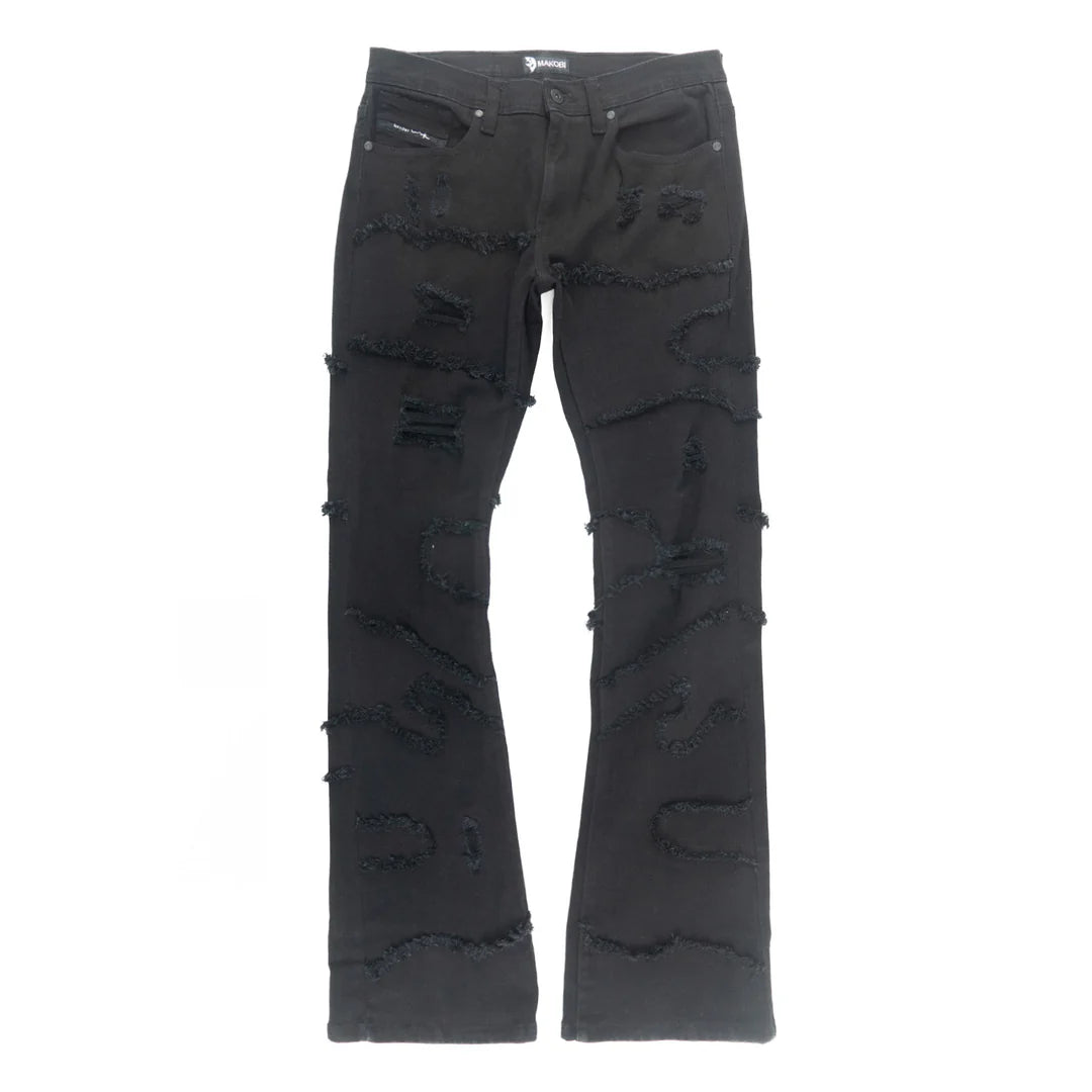 Makobi Pastoni Black/Black Ripped Stacked Flare Denim Jeans (M1984)