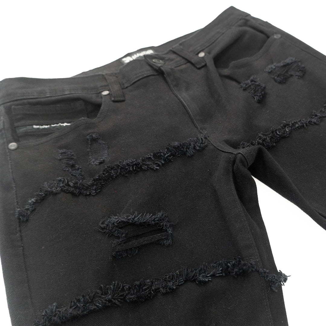 Makobi Pastoni Black/Black Ripped Stacked Flare Denim Jeans (M1984)