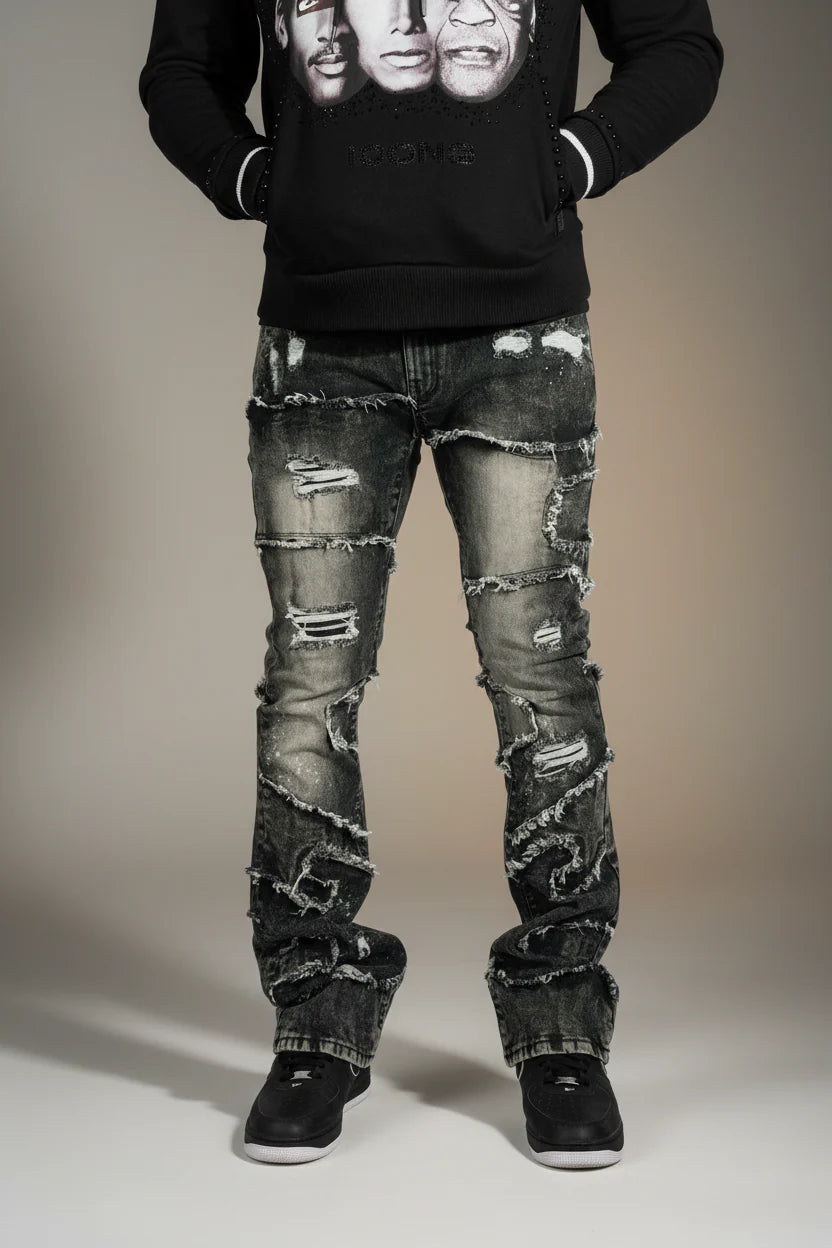 Makobi Pastoni Black Wash Ripped Stacked Flare Denim Jeans (M1984)