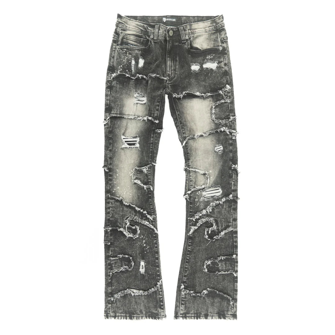 Makobi Pastoni Black Wash Ripped Stacked Flare Denim Jeans (M1984)