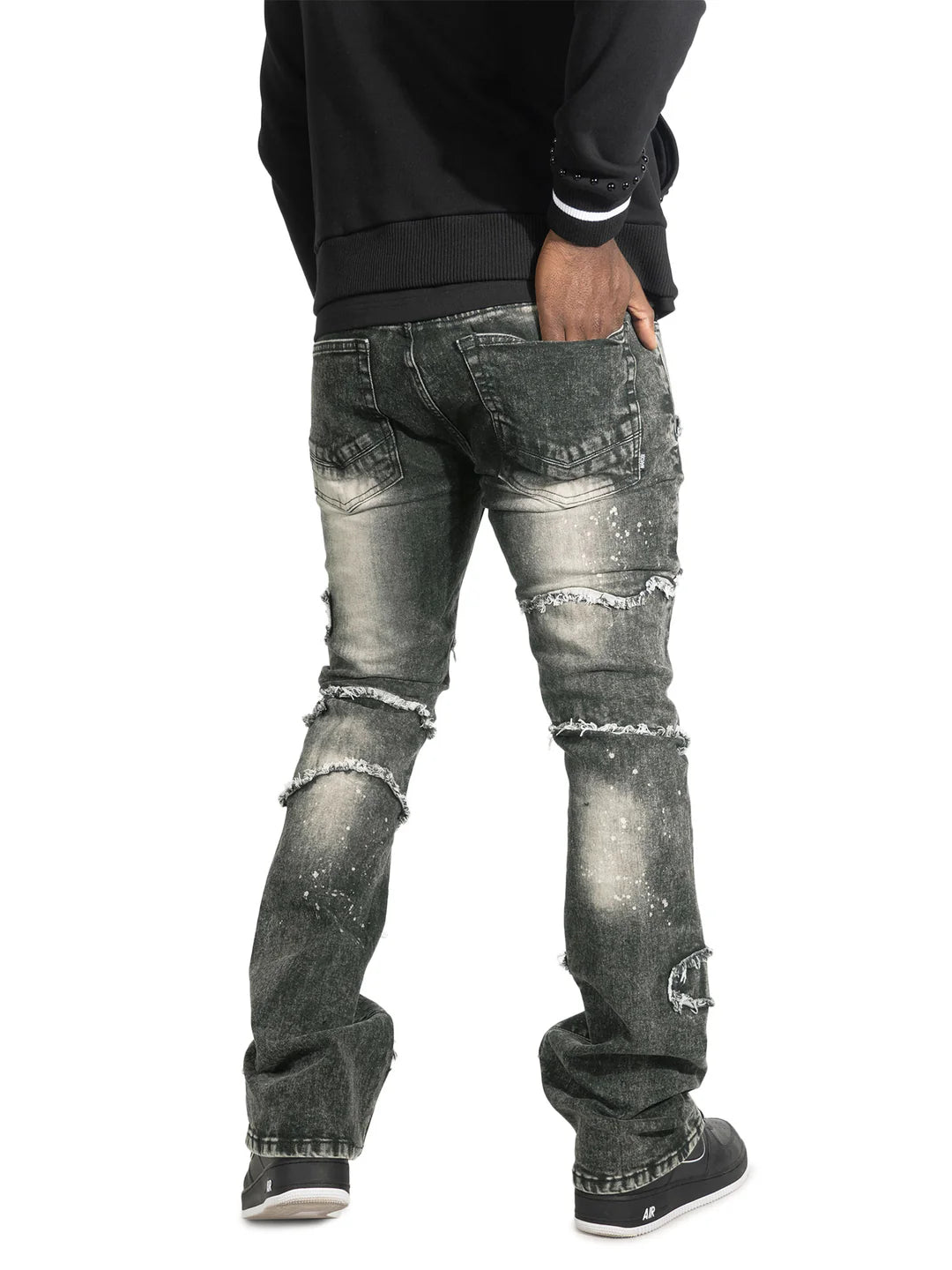 Makobi Pastoni Black Wash Ripped Stacked Flare Denim Jeans (M1984)