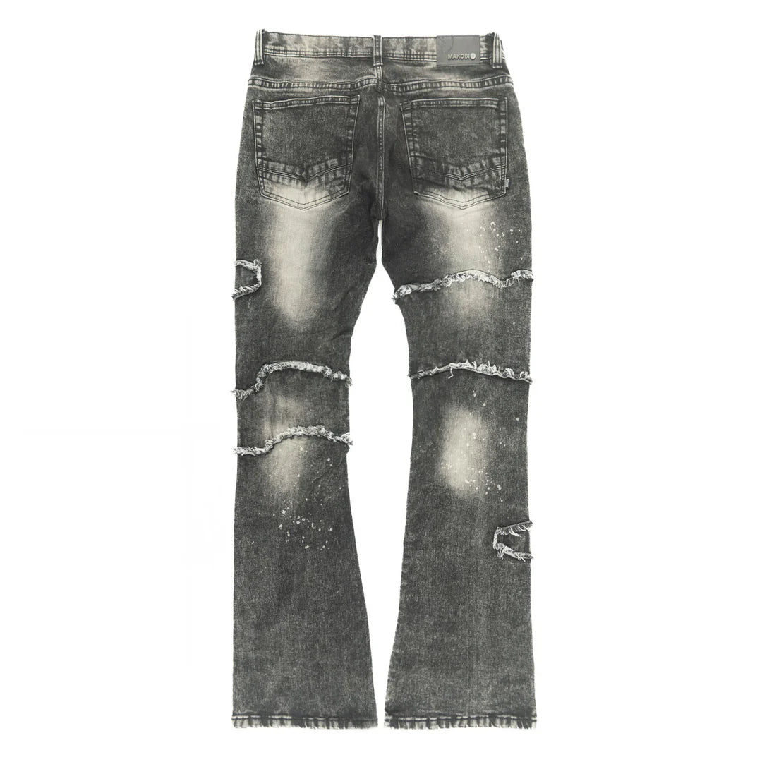 Makobi Pastoni Black Wash Ripped Stacked Flare Denim Jeans (M1984)