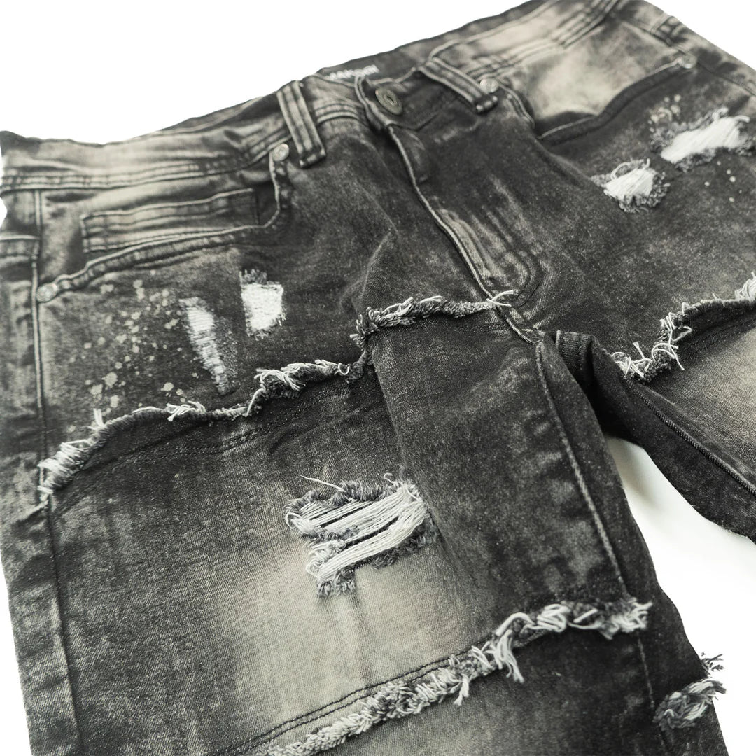 Makobi Pastoni Black Wash Ripped Stacked Flare Denim Jeans (M1984)