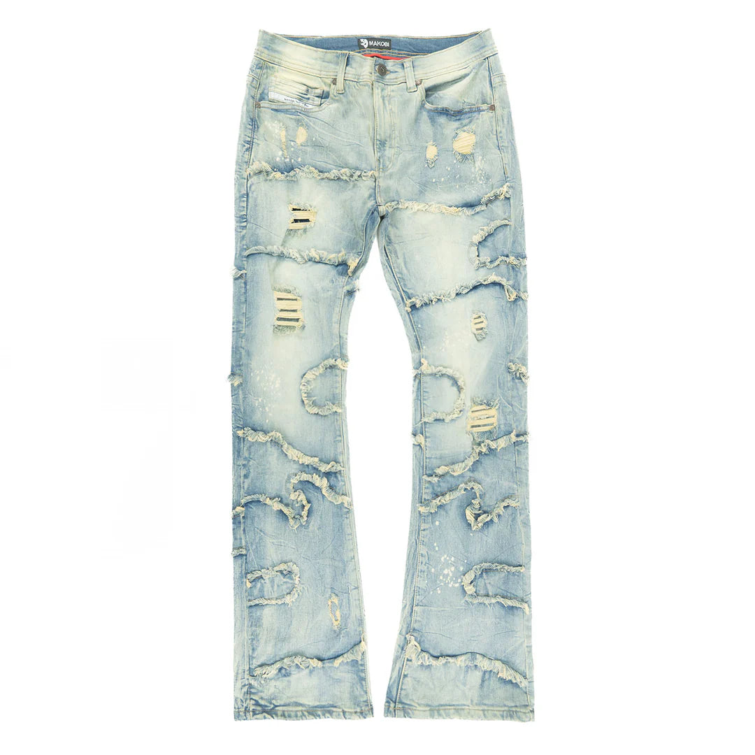 Makobi Pastoni Dirt Ripped Stacked Flare Denim Jeans (M1984)