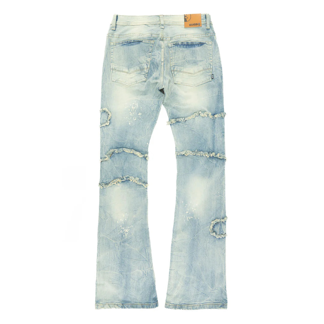 Makobi Pastoni Dirt Ripped Stacked Flare Denim Jeans (M1984)