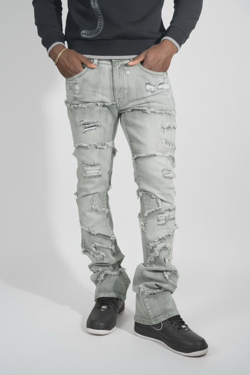 Makobi Pastoni Grey Ripped Stacked Flare Denim Jeans (M1984)