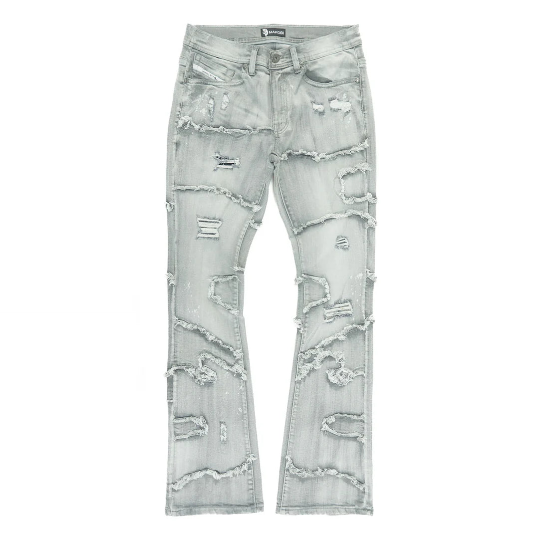 Makobi Pastoni Grey Ripped Stacked Flare Denim Jeans (M1984)