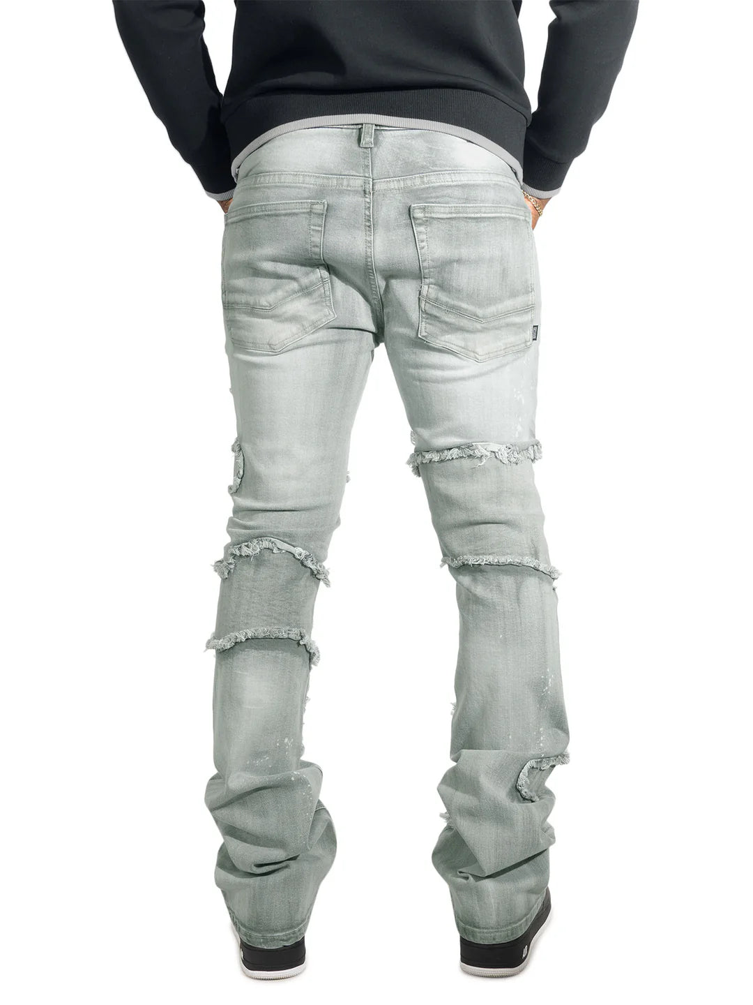 Makobi Pastoni Grey Ripped Stacked Flare Denim Jeans (M1984)