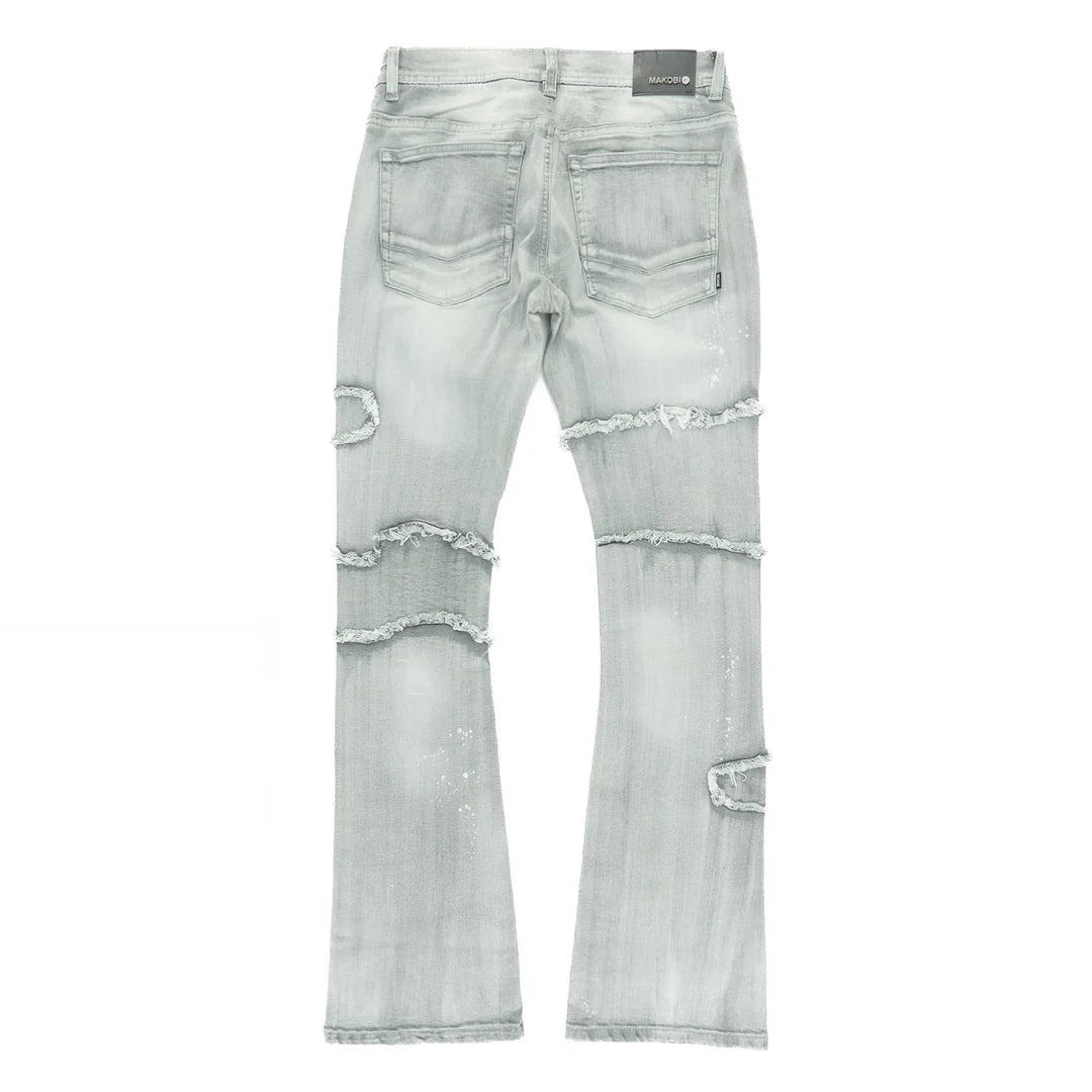 Makobi Pastoni Grey Ripped Stacked Flare Denim Jeans (M1984)
