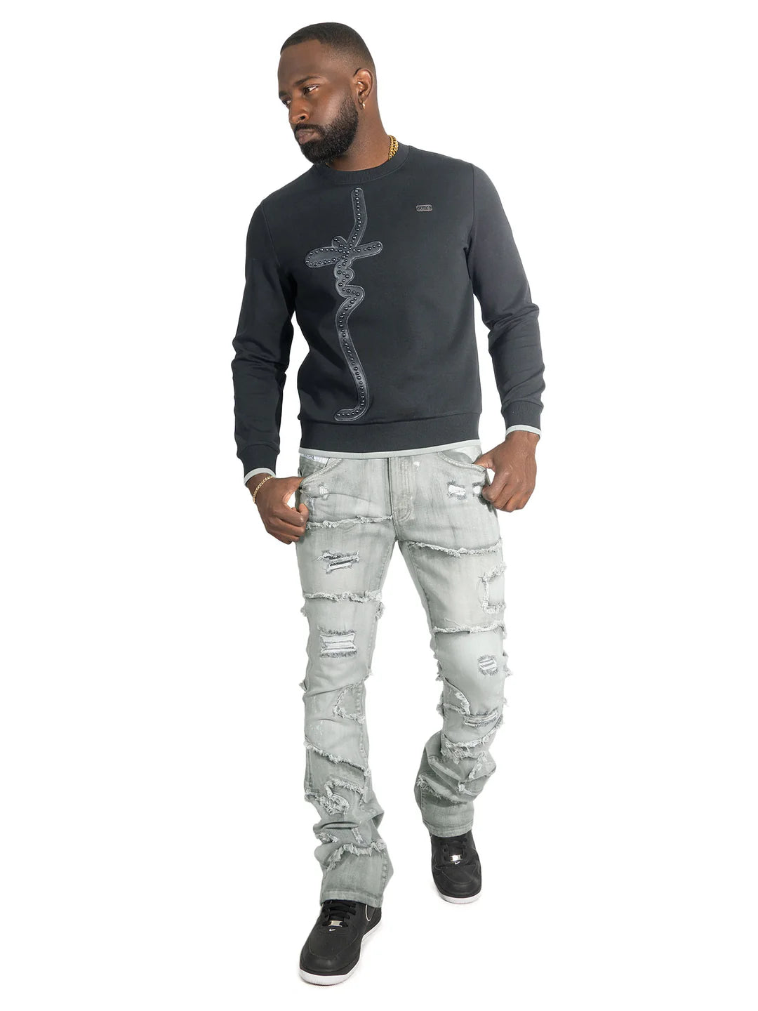 Makobi Pastoni Grey Ripped Stacked Flare Denim Jeans (M1984)