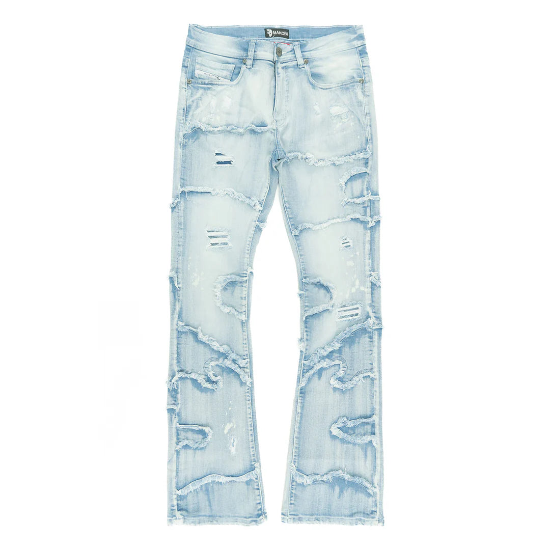 Makobi Pastoni Light Wash Ripped Stacked Flare Denim Jeans (M1984)