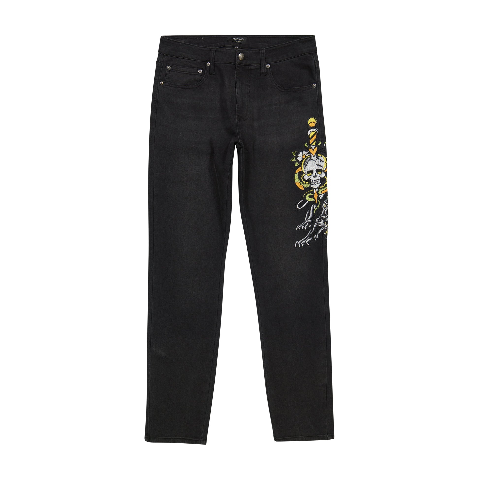  Stylish and edgy Ed Hardy Dagger Skull Slim Taper Jeans in black