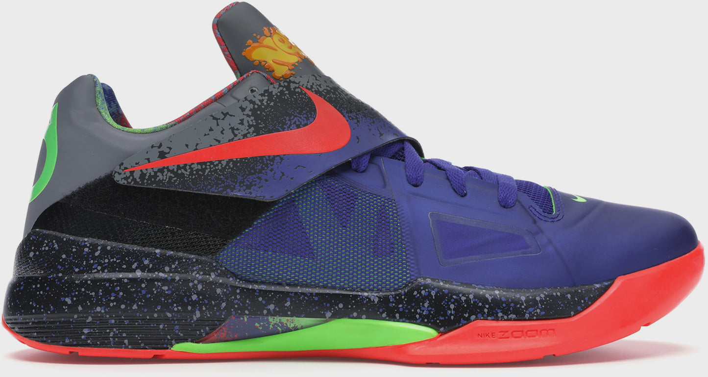 Nike KD 4 NERF FQ8180-400 basketball shoes in blue, neon green, and orange colorway