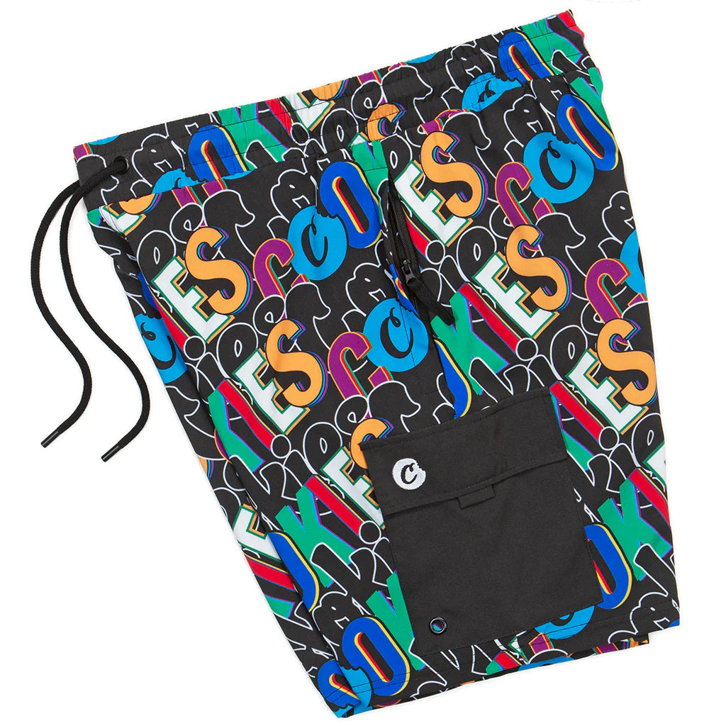 Black swim shorts with 'Cookies On The Block' logo, perfect for summer beach days and poolside lounging