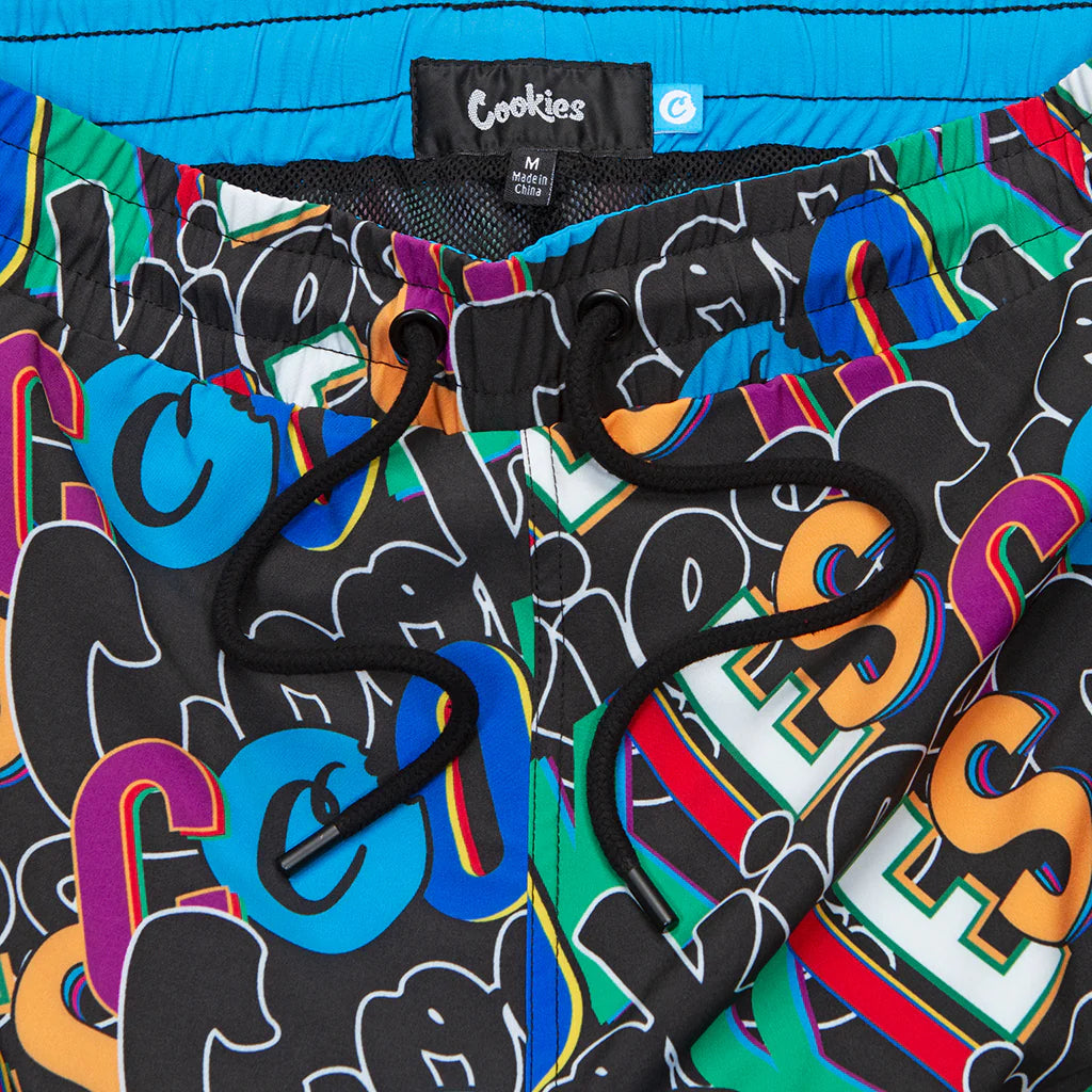 High-quality black swim shorts with 'Cookies On The Block' branding