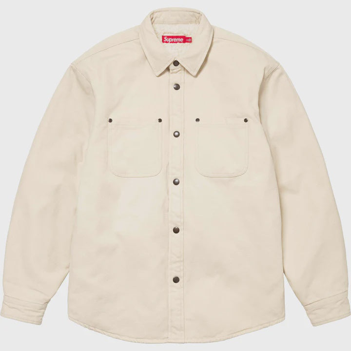 Supreme Faux Shearling Lined Work Shirt in Natural colorway for Fall/Winter 24, featuring warm and cozy faux shearling lining