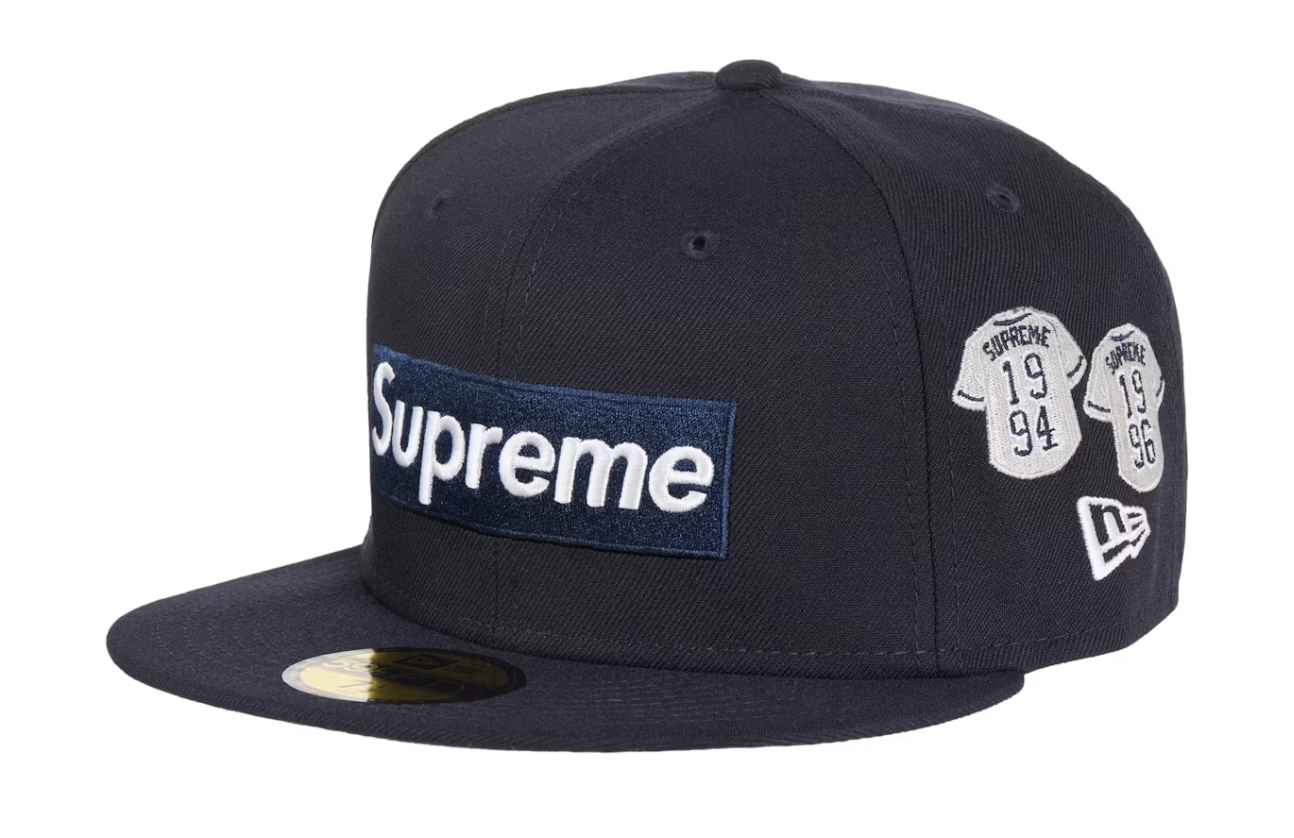 Supreme Jerseys Box Logo New Era Fitted Hat in Navy colorway, featuring FW24 design