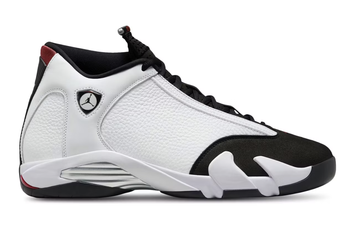 Jordan 14 Retro Black Toe 487471-160, a classic black and white sneaker with red accents, perfect for basketball and everyday wear