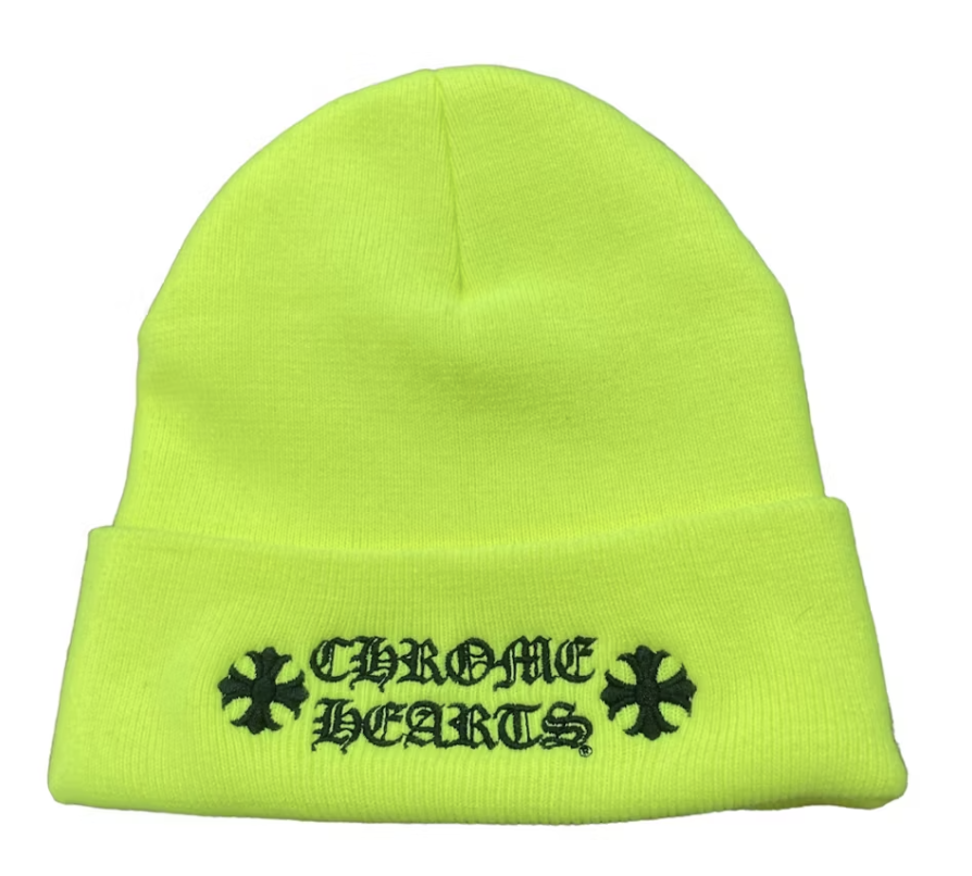 Neon yellow and black Chrome Hearts logo beanie for stylish winter wear