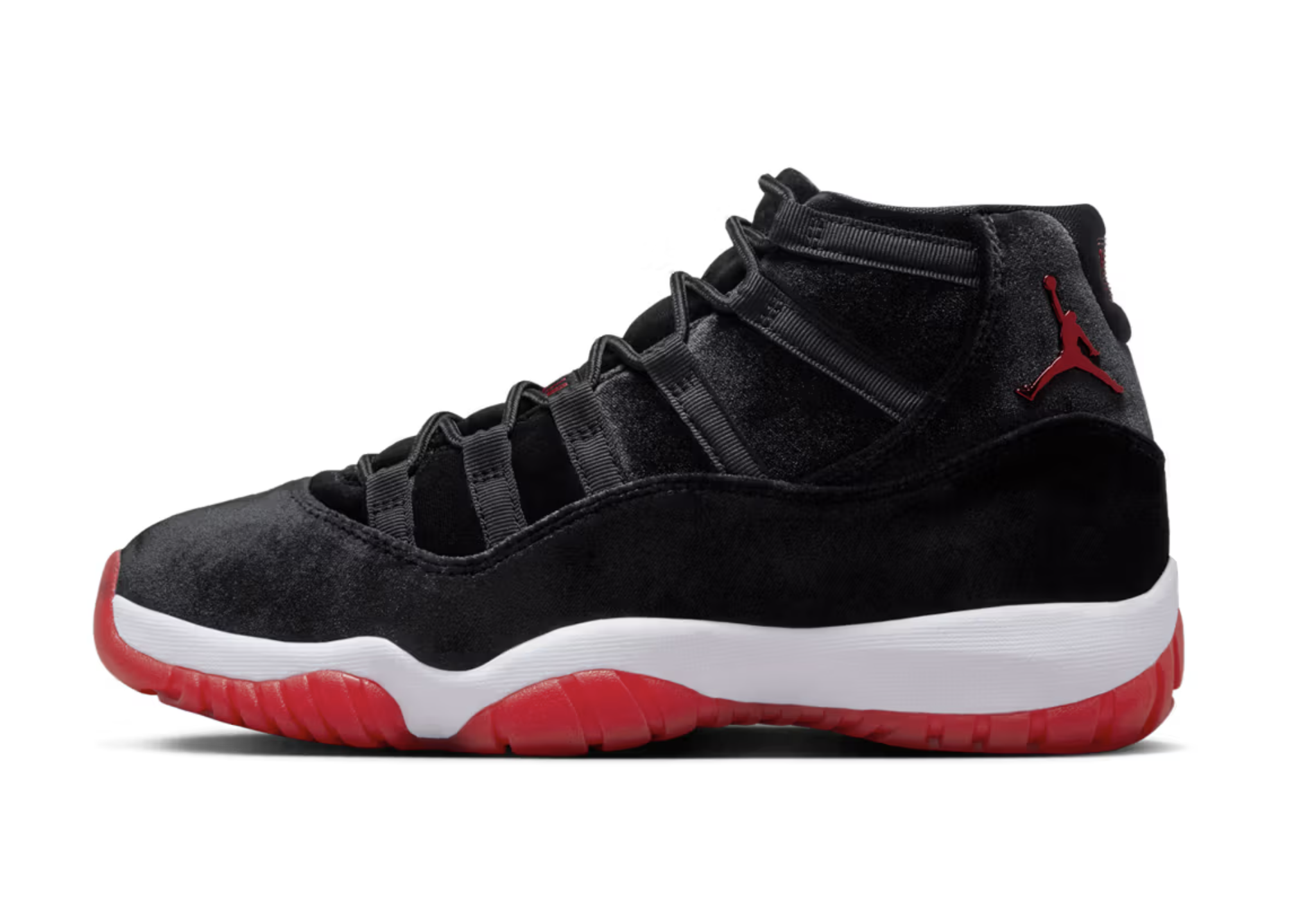 Jordan 11 Retro Bred Velvet women's sneakers in black and red colorway