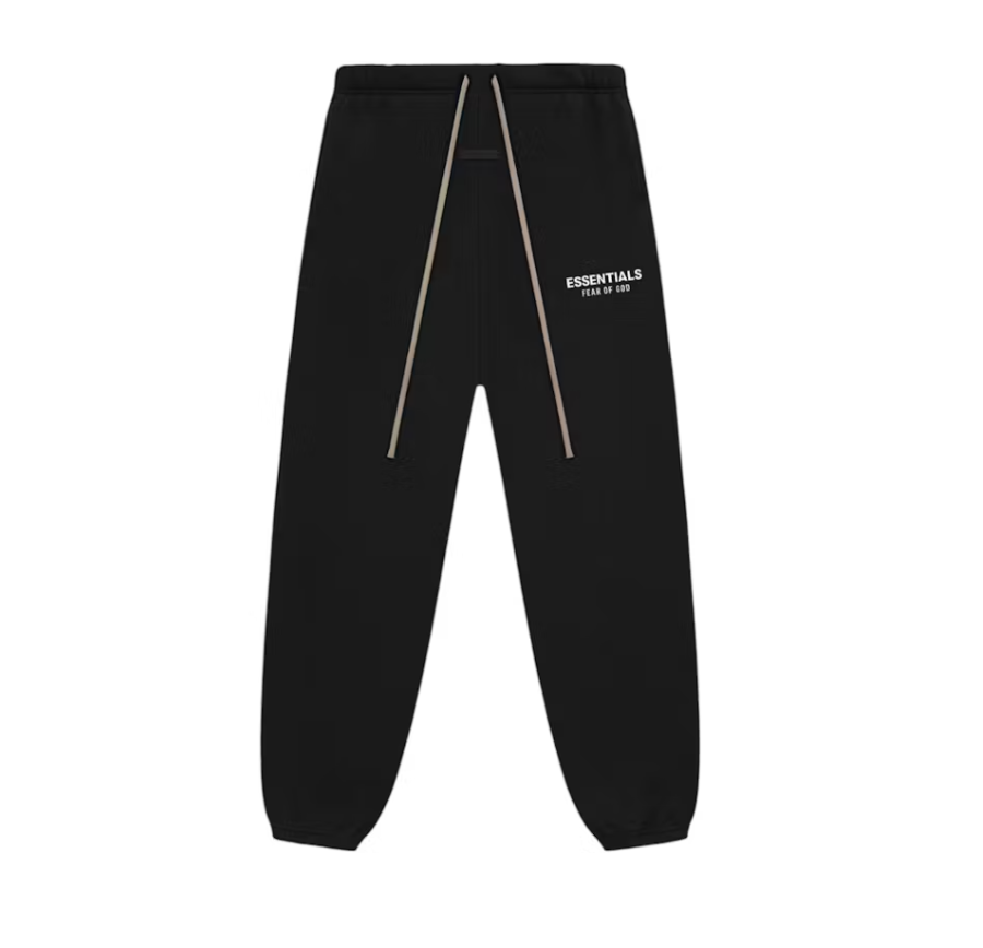 Black Fear of God Essentials Fleece Essential Sweatpants featuring cozy fleece material and stylish design for men's streetwear fashion
