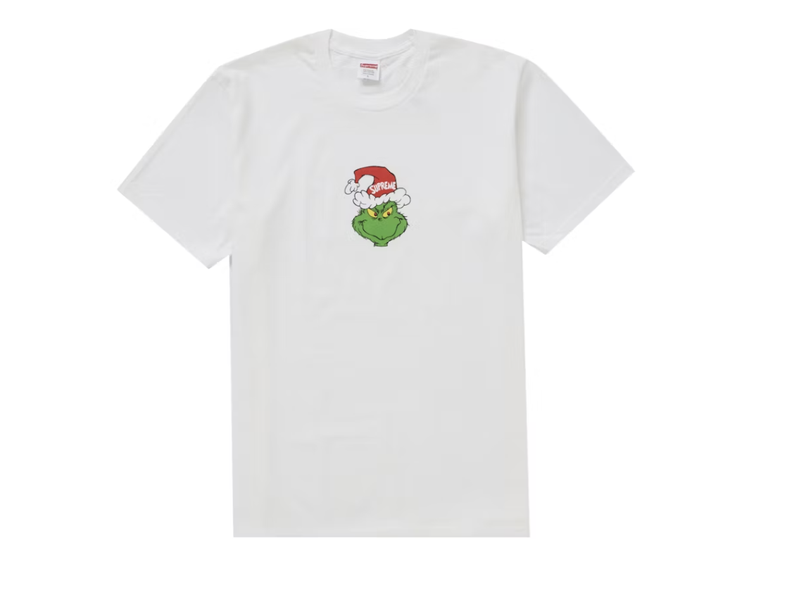 White Supreme Grinch Tee from Fall/Winter 2024 collection featuring iconic character design