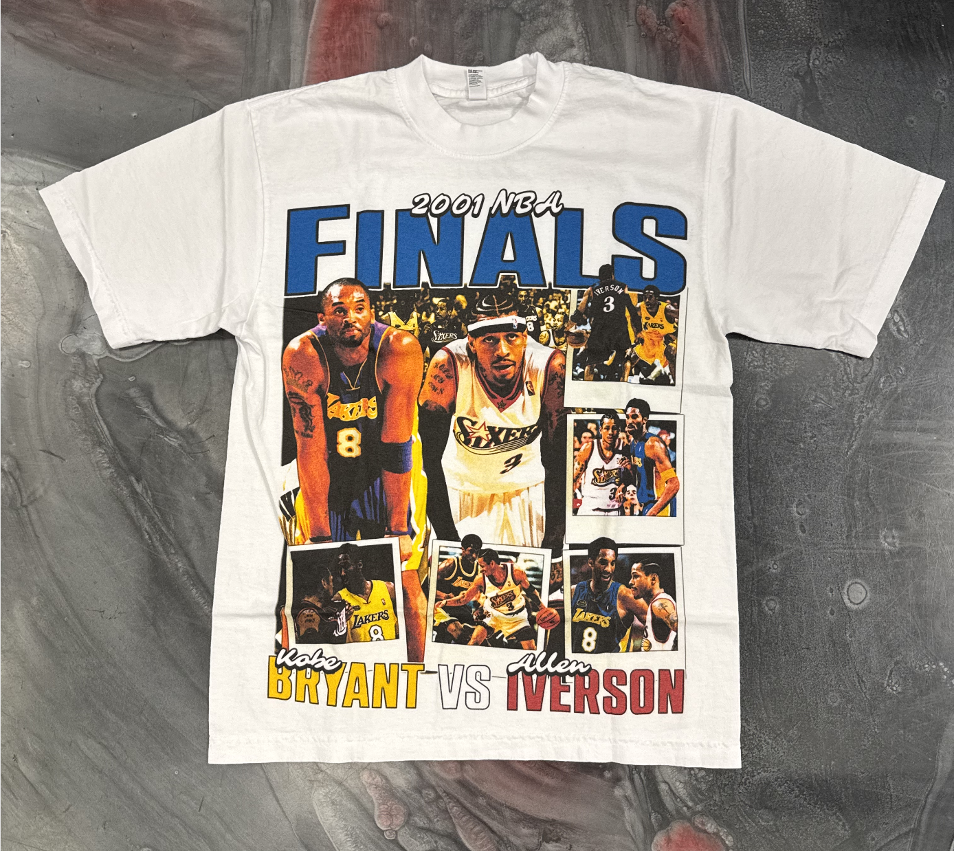 Vintage Demand Kobe Bryant vs Allen Iverson 2001 NBA Finals Collage Tee in White, perfect for basketball fans and collectors alike