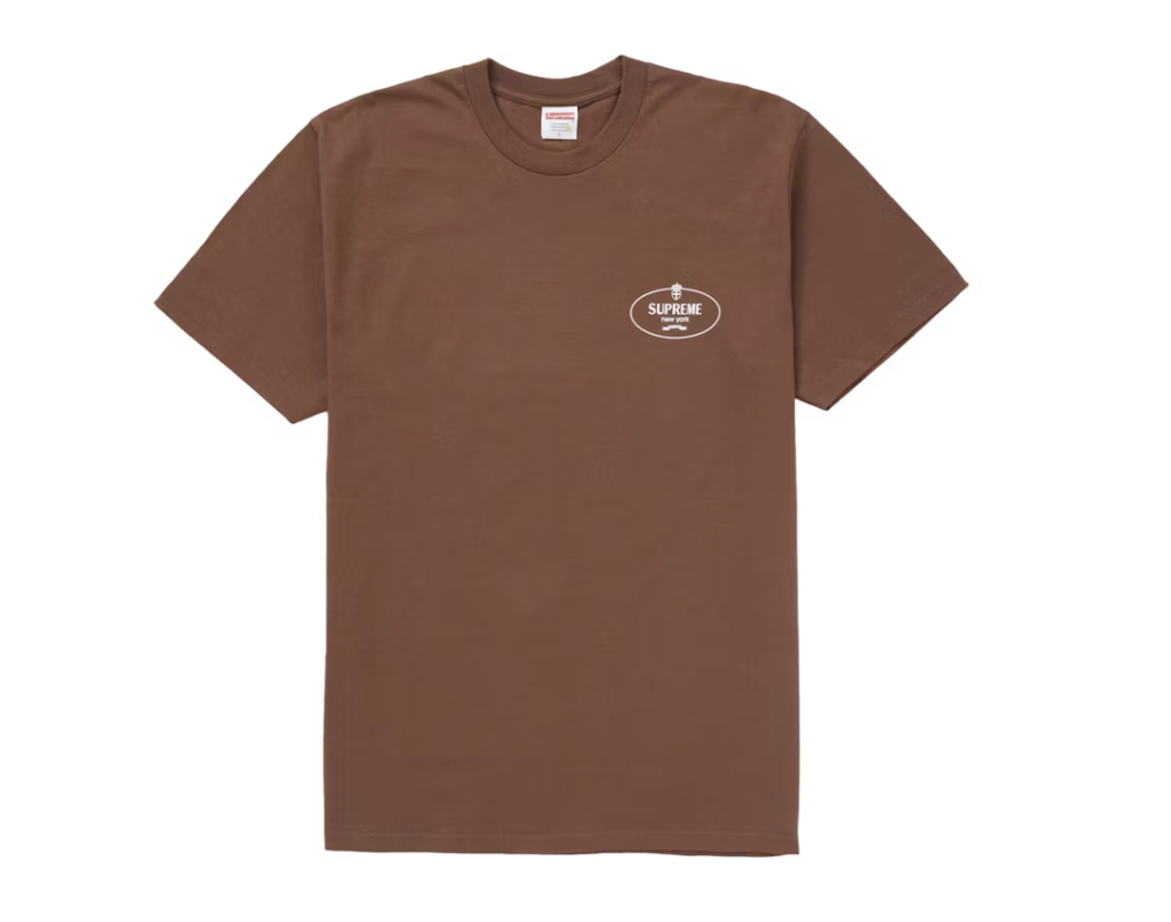 Supreme Crest Tee in Brown from Fall/Winter 2024 collection, featuring iconic logo design