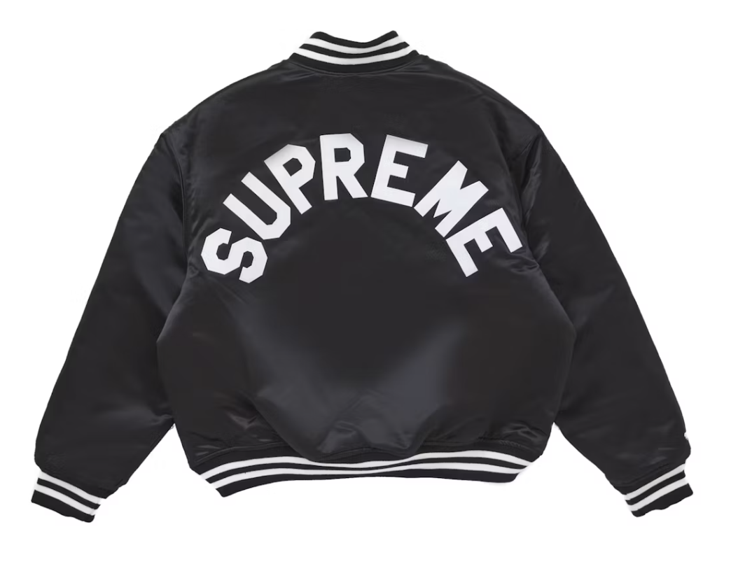 Black Supreme Mitchell & Ness Satin Varsity Jacket from Fall/Winter 24 collection, showcasing timeless style and high-quality craftsmanship