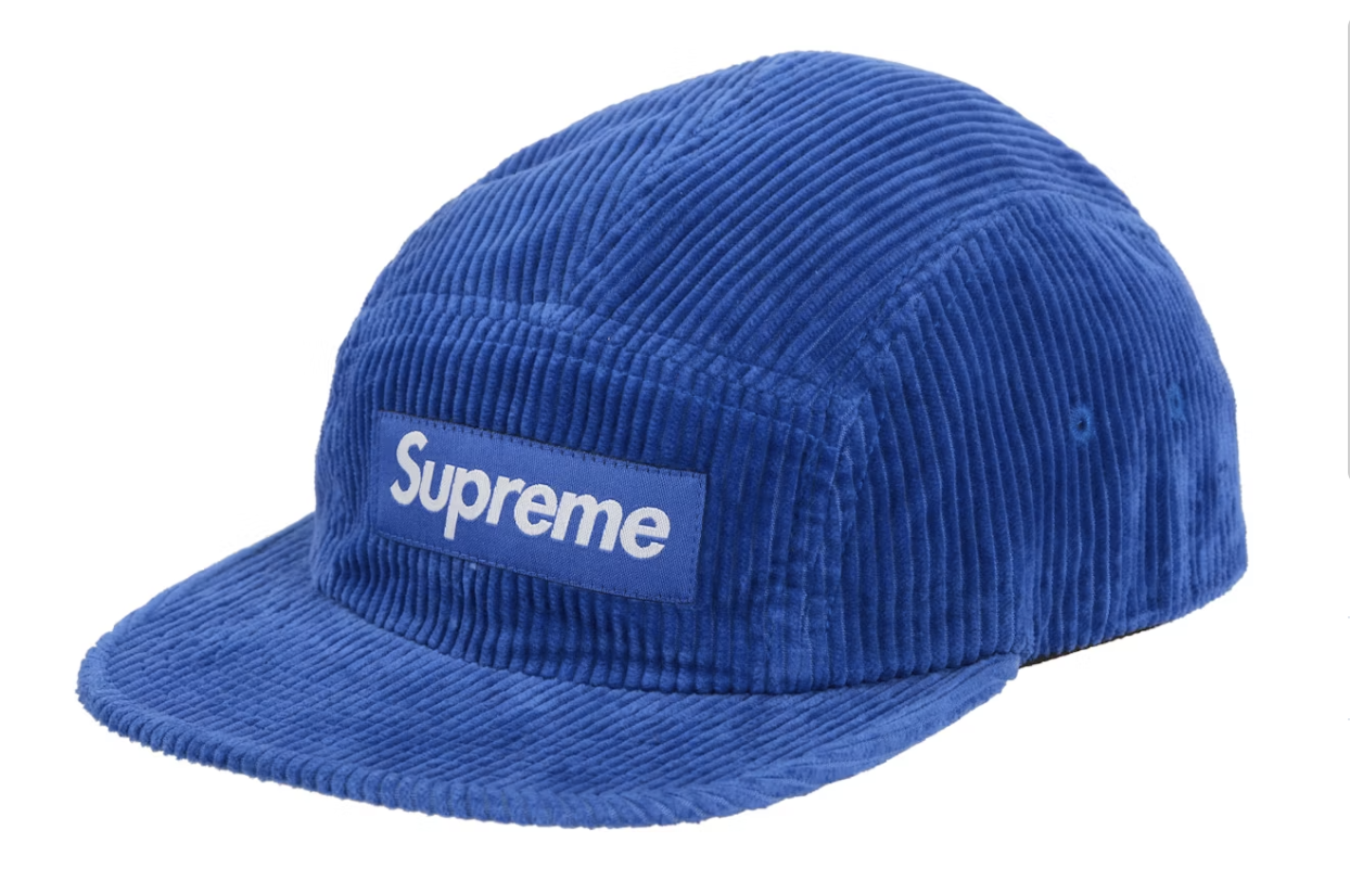 Blue Supreme Corduroy Camp Cap from the FW24 collection, showcasing the brand's iconic logo patch on the front