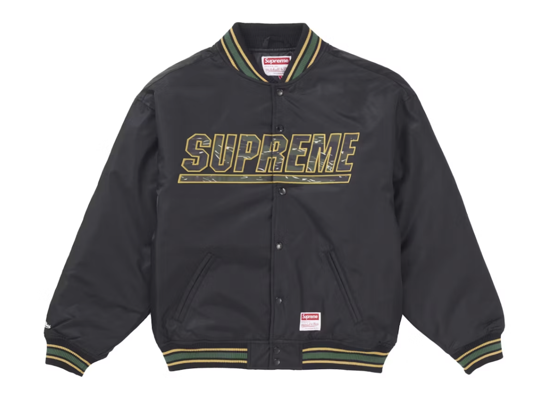 Supreme Mitchell & Ness Camo Logo Varsity Jacket - Black (SS25) brand new deadstock stylish fashion outerwear