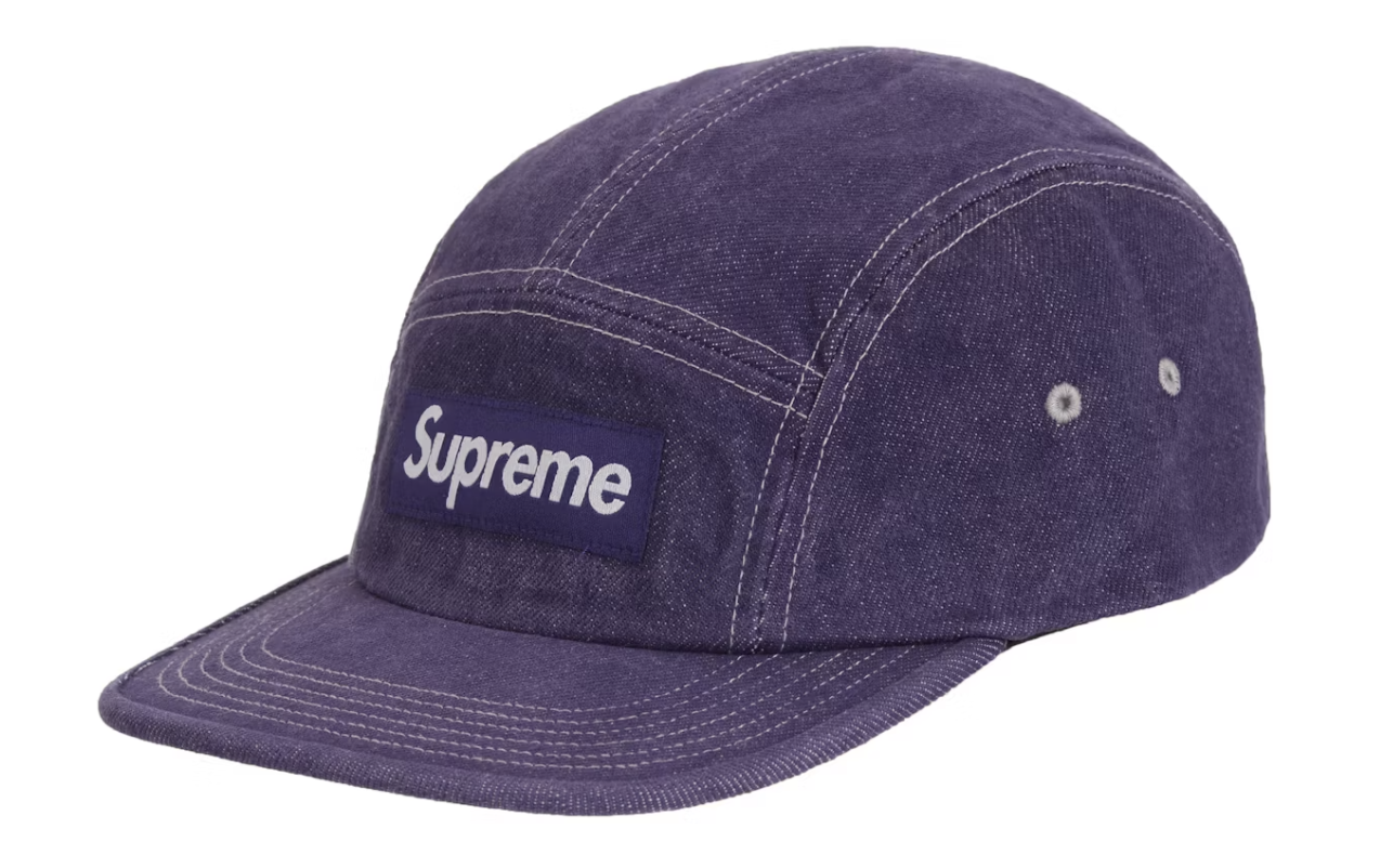A purple Supreme denim camp cap from SS25, brand new and deadstock