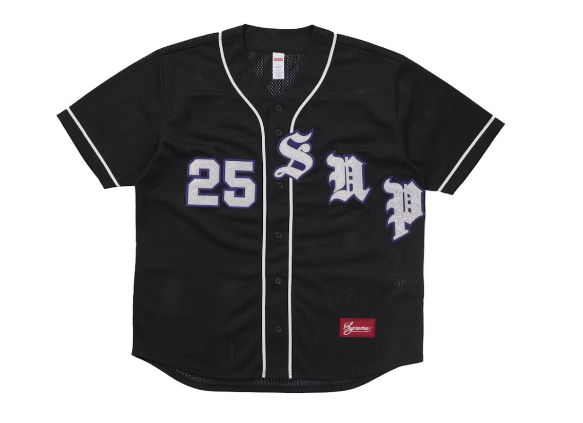 Black Supreme Old English Baseball Jersey from SS25, brand new deadstock, stylish athletic wear