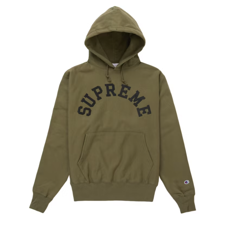 Brand new Supreme Champion Hoodie in Olive from SS25 collection with pristine deadstock condition