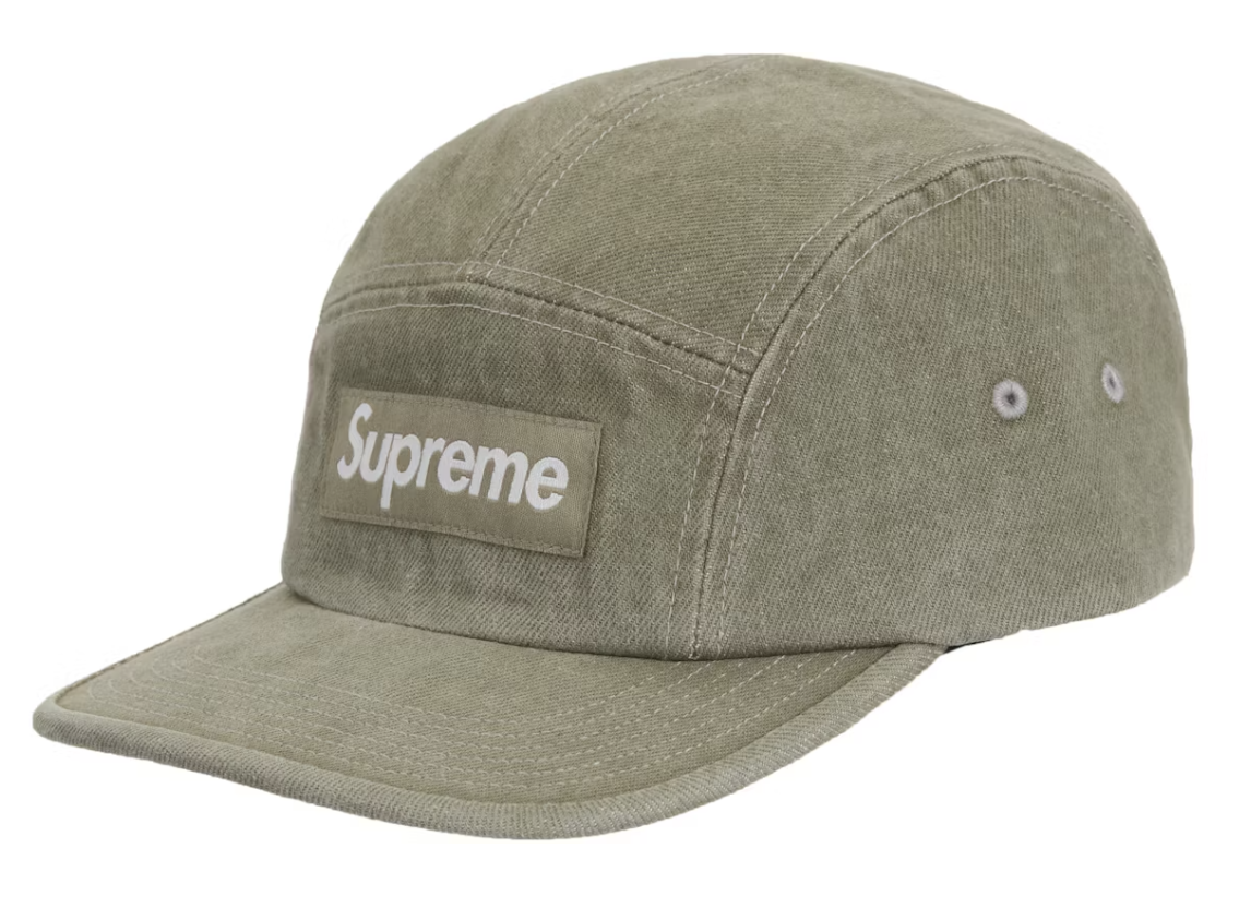 Supreme Denim Camp Cap in olive color from SS25 collection, brand new deadstock