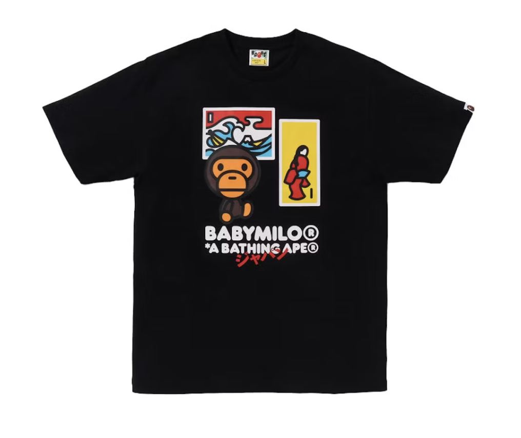 Black BAPE Japan Art Baby Milo T-shirt from SS25 collection, brand new deadstock