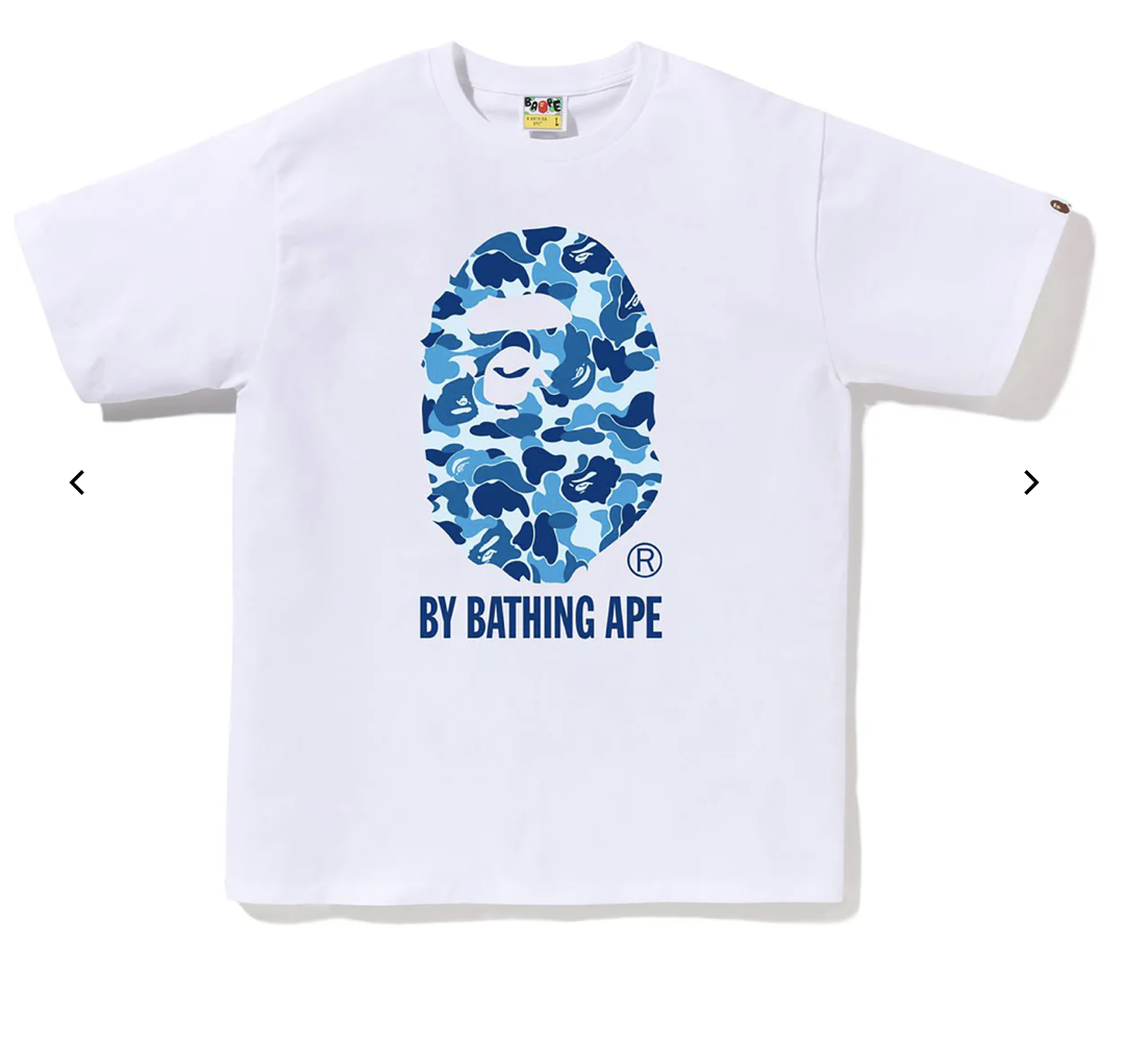 White and blue BAPE ABC Camo By Bathing Ape Head Tee shirt featuring bold camouflage pattern and brand new deadstock condition
