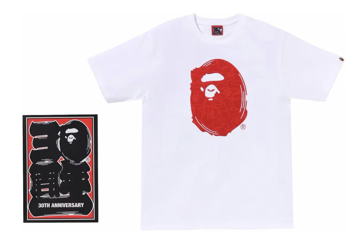Brand new BAPE 30th Anniversary I Tee shirt in white and red, deadstock condition, perfect for collectors