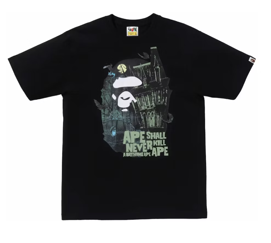 Officially licensed BAPE Halloween Bape Mansion Ape Head Tee in black, size 1J70-110-010, perfect for collectors