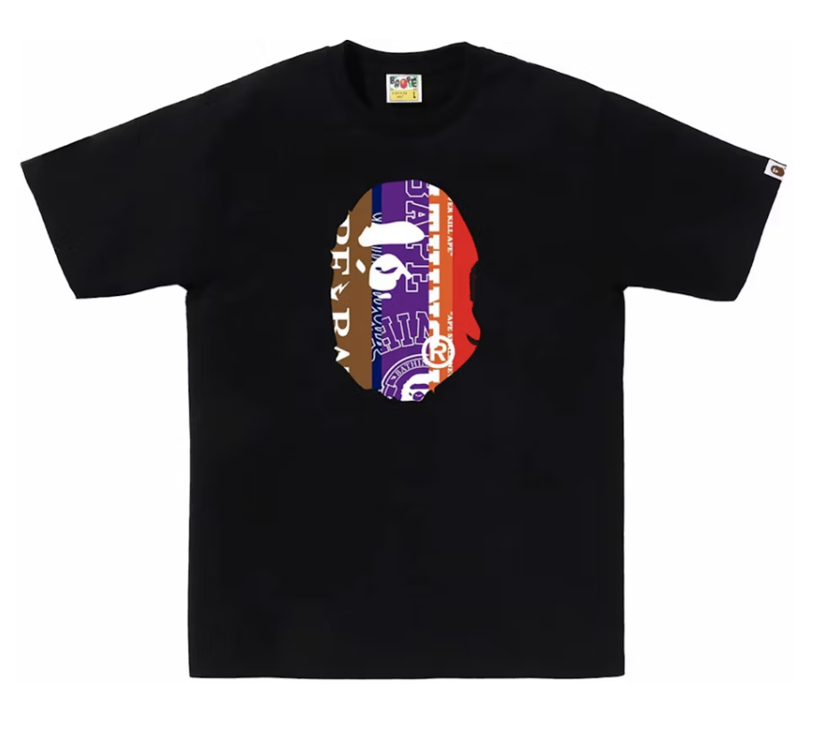 Close-up view of the black BAPE Fans Scarf Ape Head Tee from SS24 collection, showcasing the brand's iconic ape head logo and fresh style